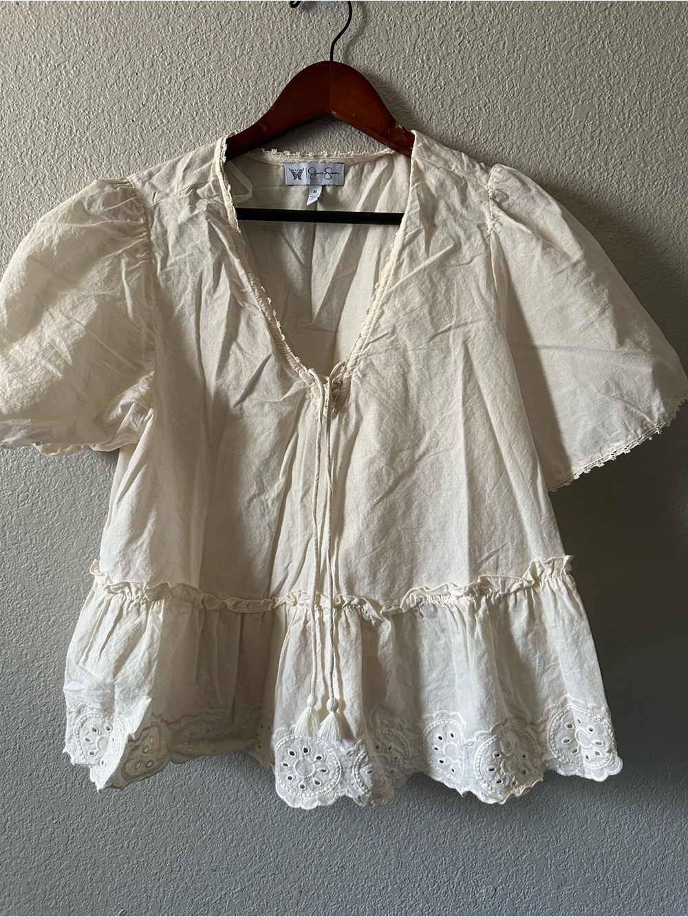 Jessica Simpson Cream Eyelet Tie-Front Peplum Blouse